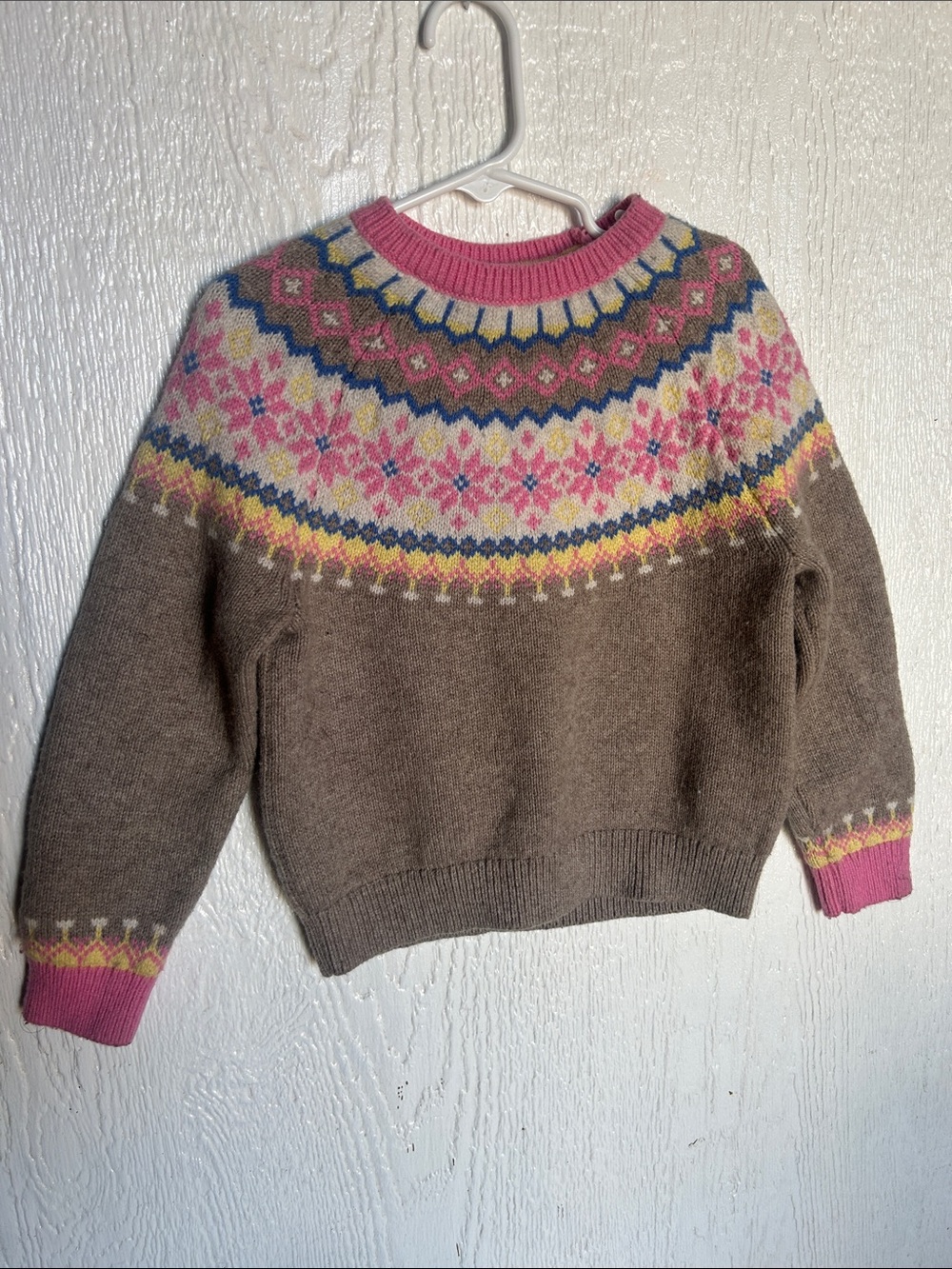 Boden Brown Crewneck Sweater with Pink, Yellow & Blue Fair Isle Yoke